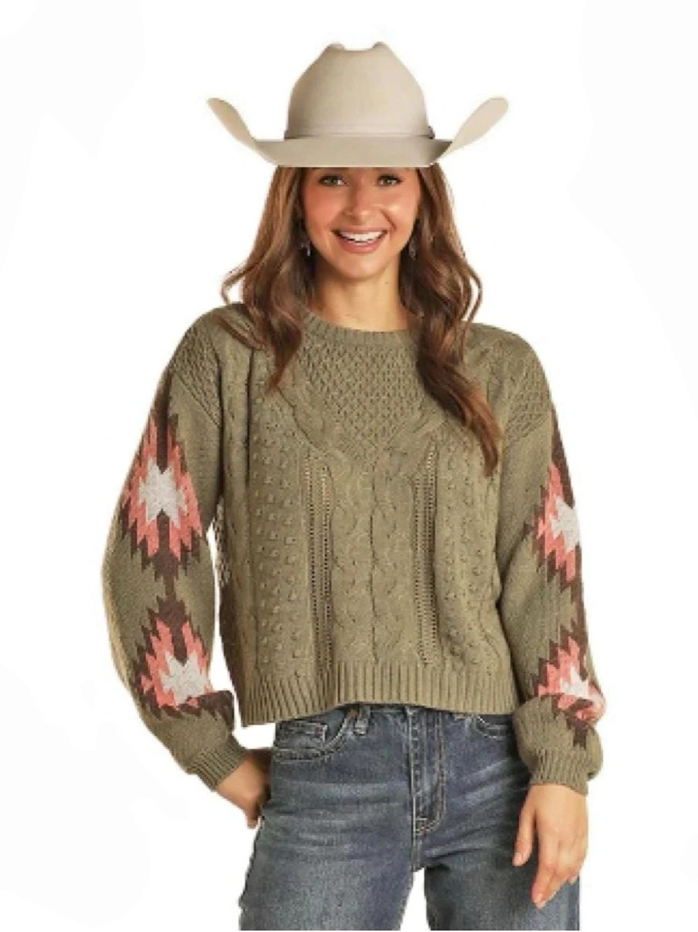 Rock & Roll Denim Women's Geometric Knit Sweater Green & Pink Medium